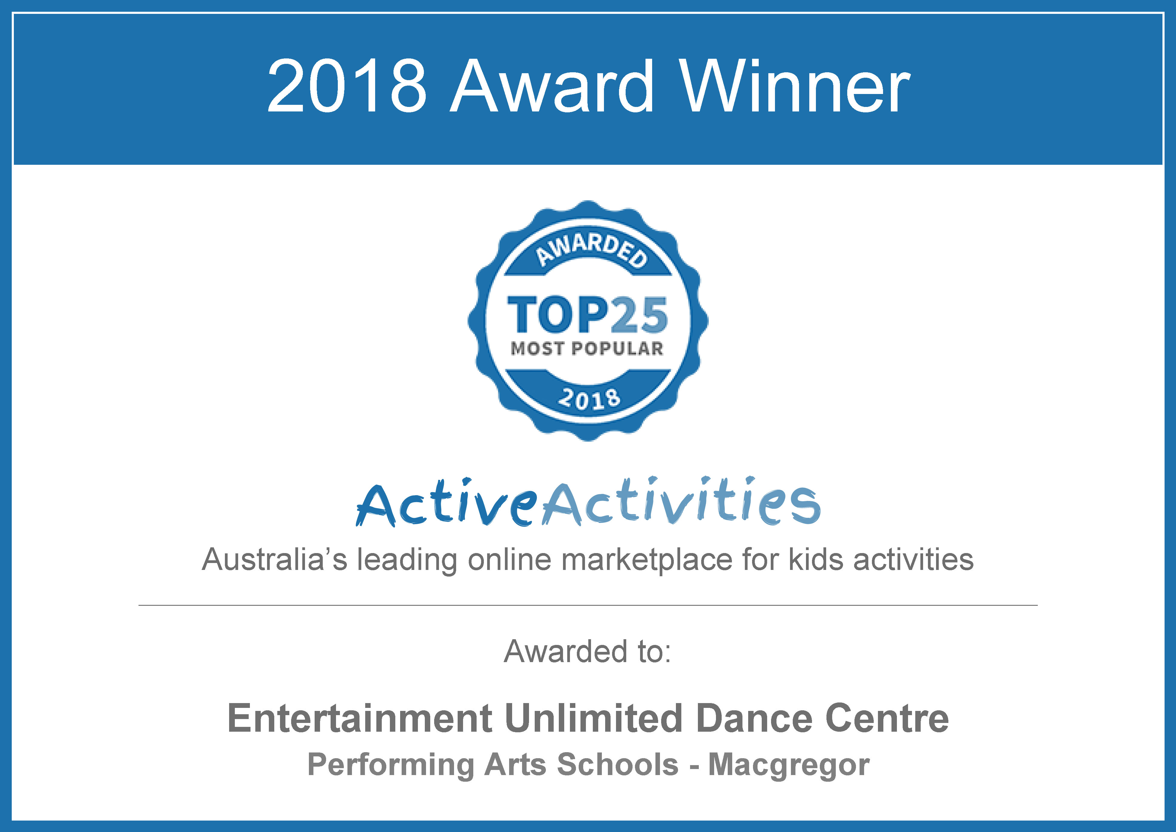 Award Active Activities Kids Top 25 Most Popular 2018